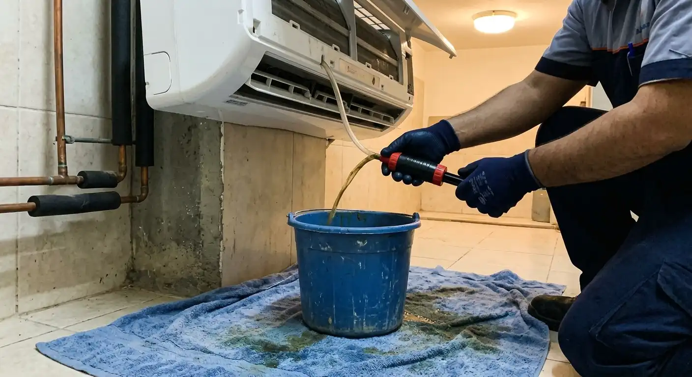 Technician clearing a clogged AC condensate drain line