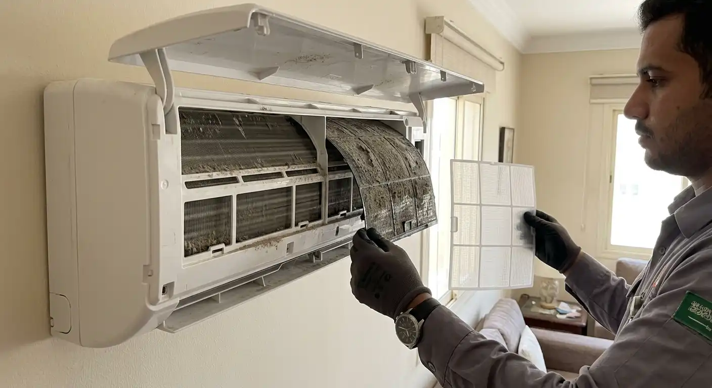 Technician replacing a dusty AC filter with a clean one