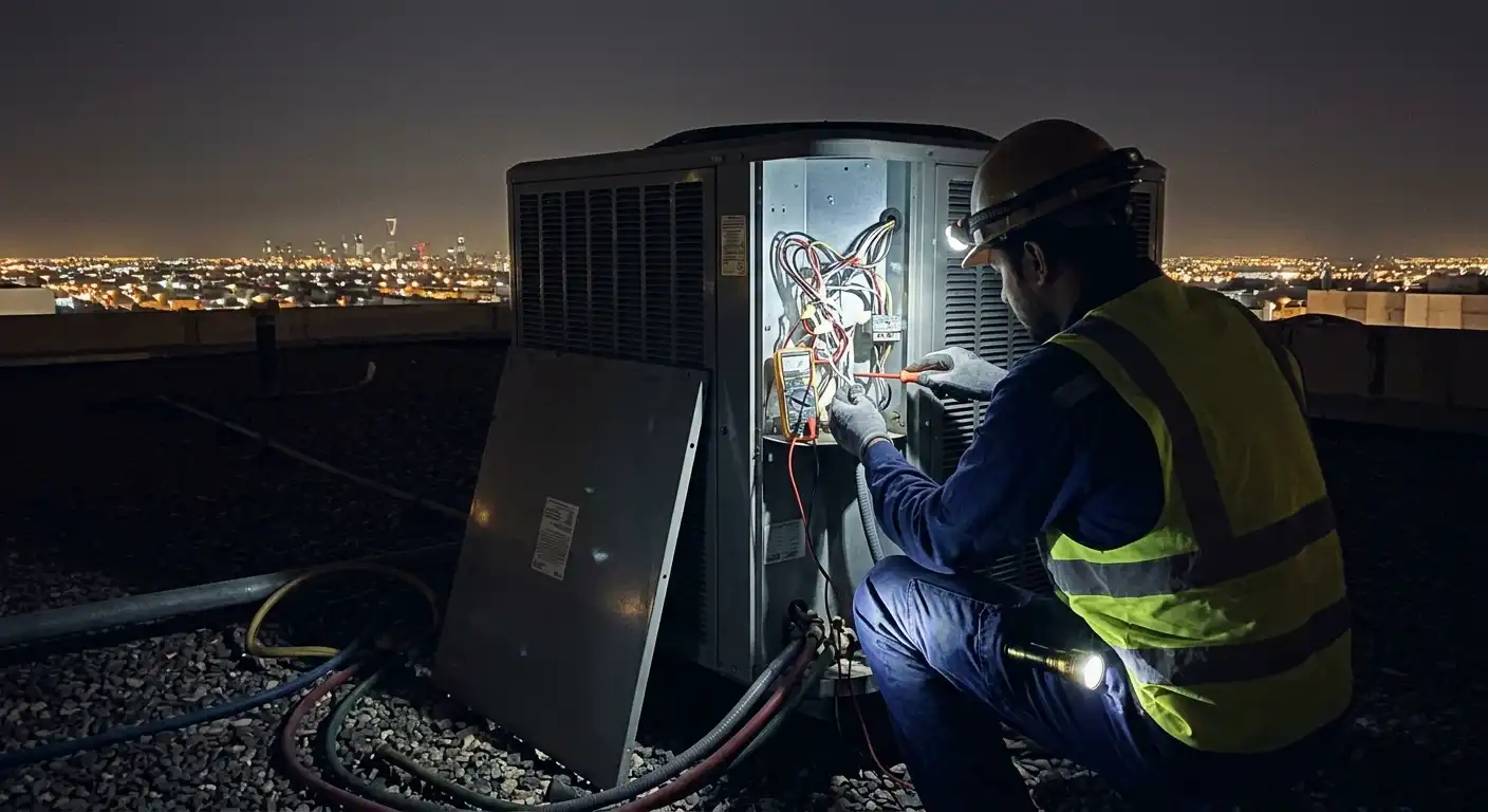 Technician with a headlamp repairing an outdoor AC unit at night