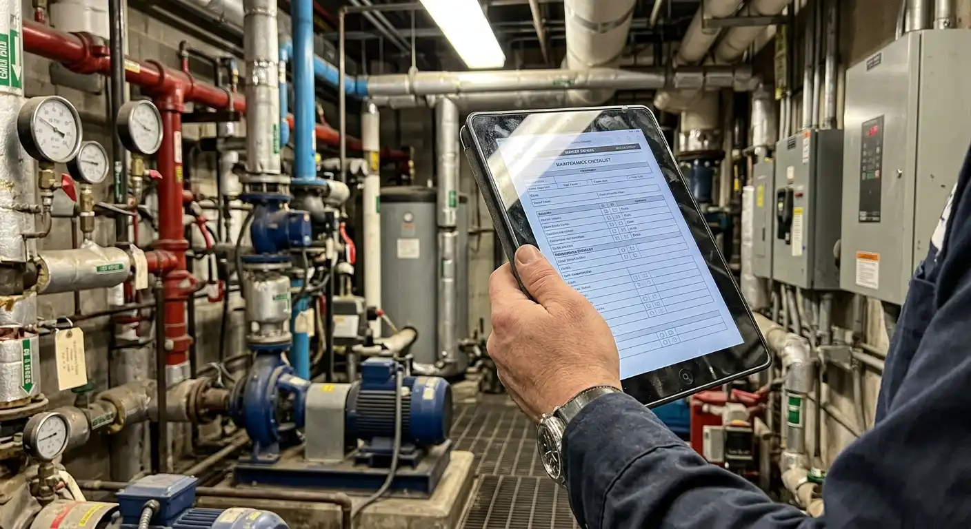 Tablet showing a digital maintenance checklist in a plant room