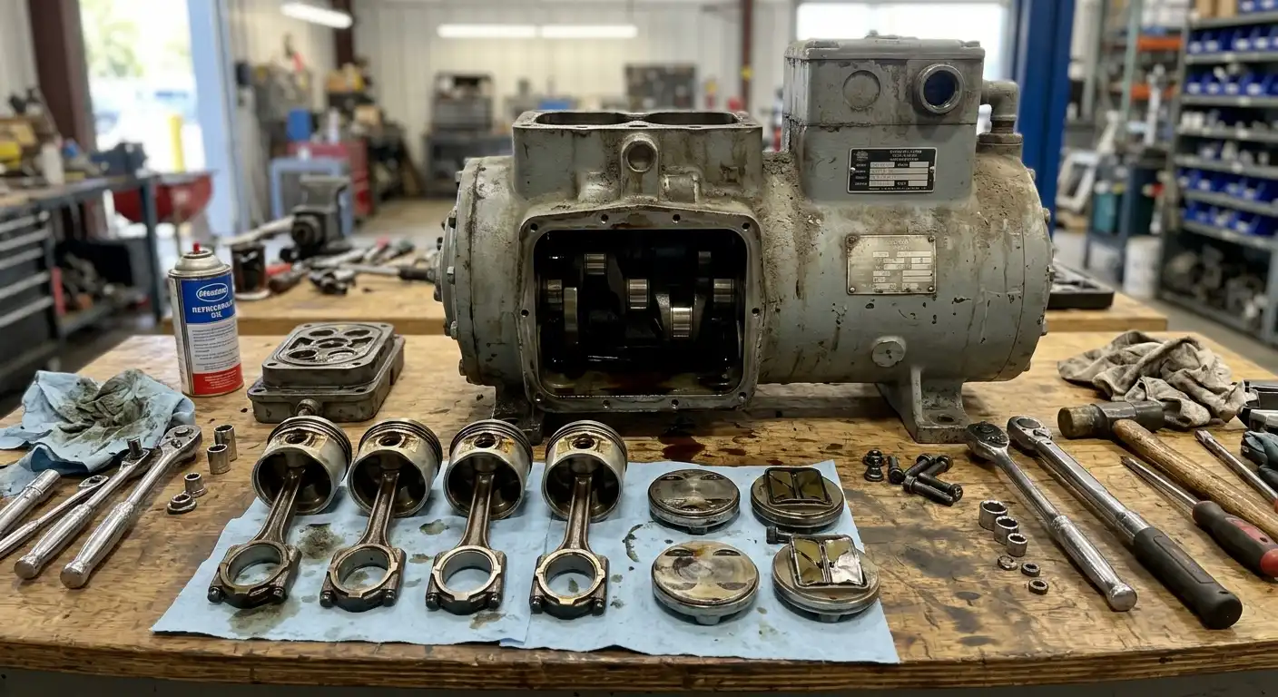 Disassembled reciprocating compressor with pistons and connecting rods