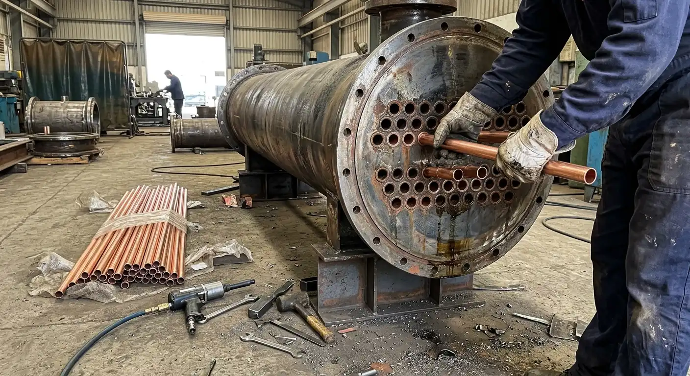 Technician inserting new copper tubes during heat exchanger re-tubing