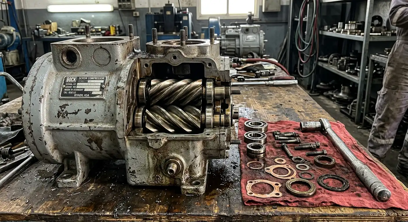 Semi-hermetic screw compressor opened for overhaul