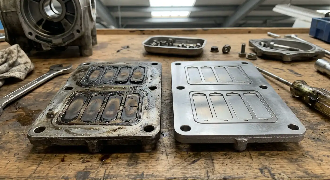 Old carbon-coated and new compressor valve plates side by side