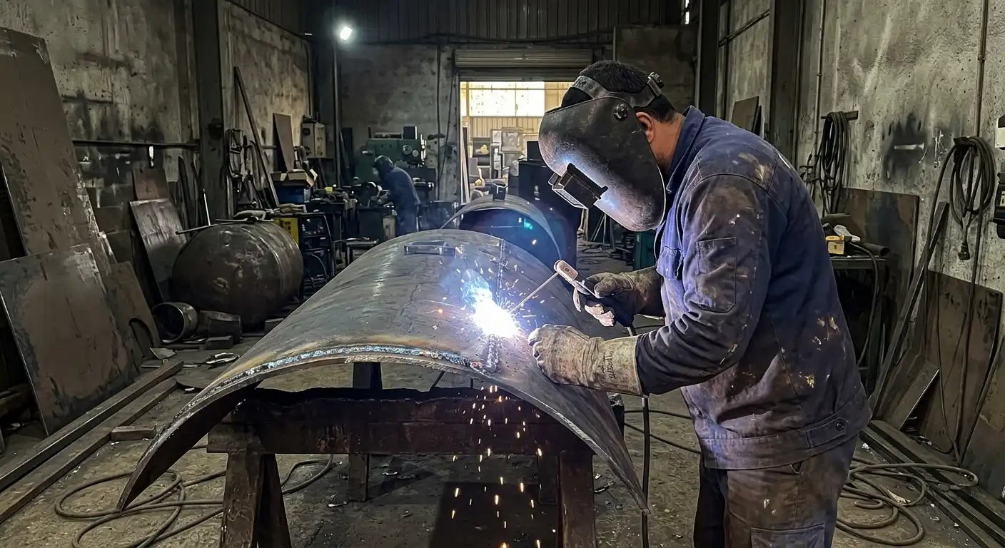 Welder working on a steel pressure vessel shell