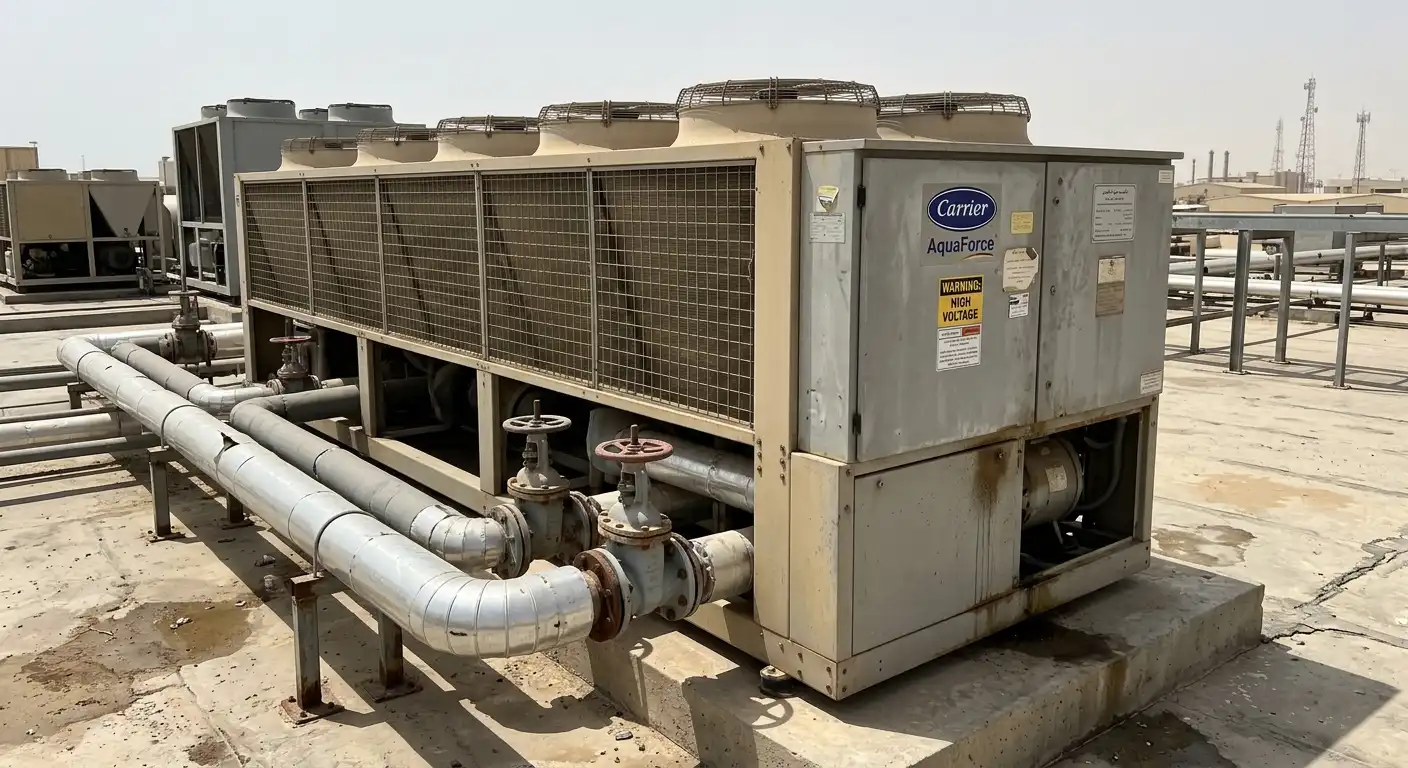 Air-cooled chiller with condenser fans and insulated chilled water pipes
