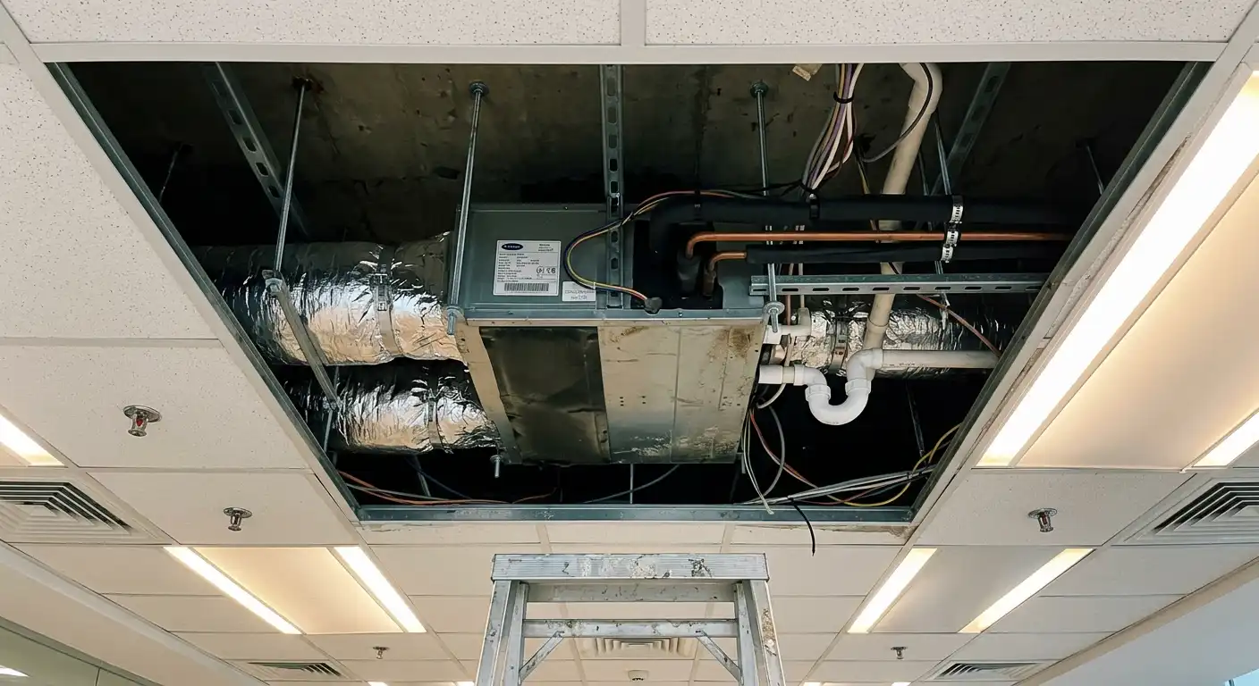 Concealed ducted split AC unit above an office ceiling
