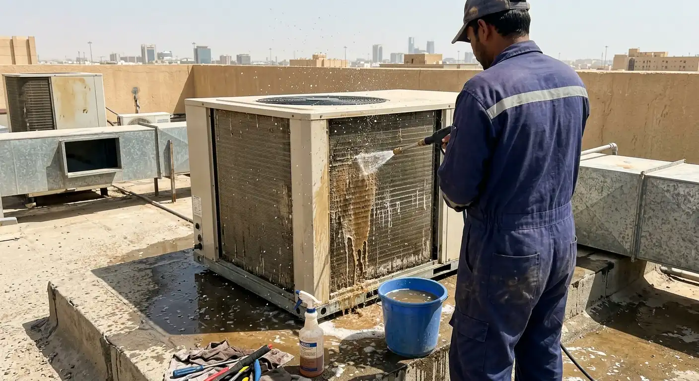 Technician cleaning a dirty AC condenser coil on a rooftop