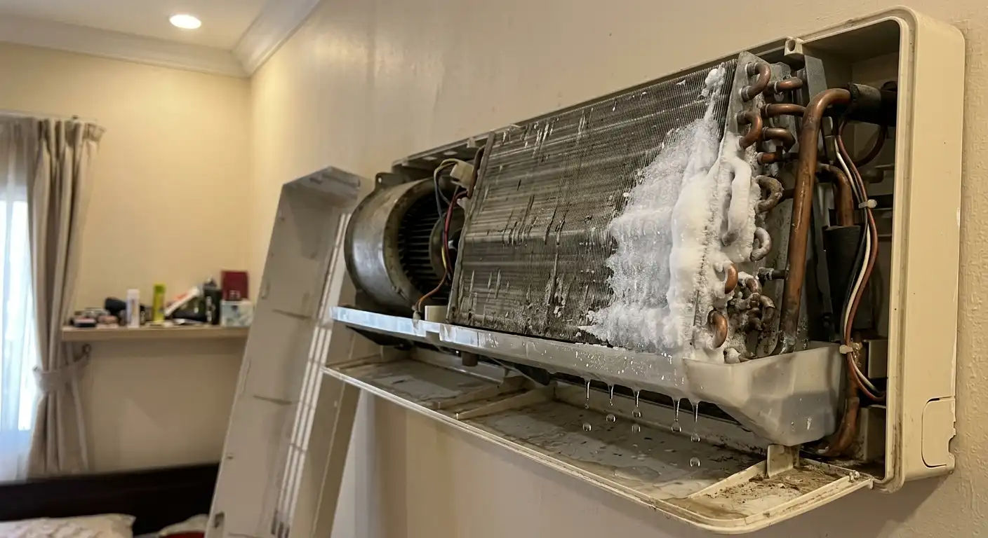 Iced evaporator coil inside an AC indoor unit