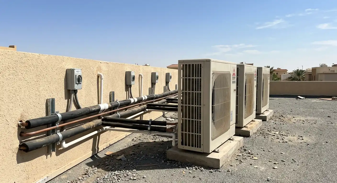 Row of VRF outdoor condensing units on a Riyadh villa roof