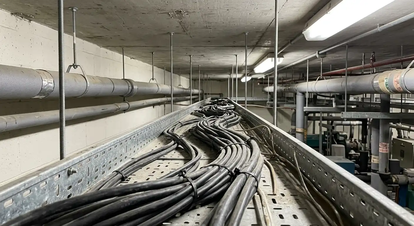 Cable tray with power cables in a plant room