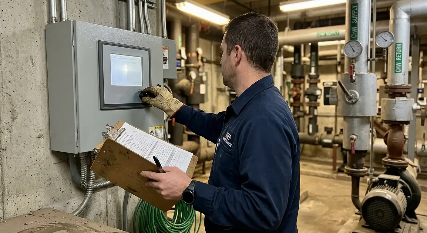 Technician checking a control panel during commissioning