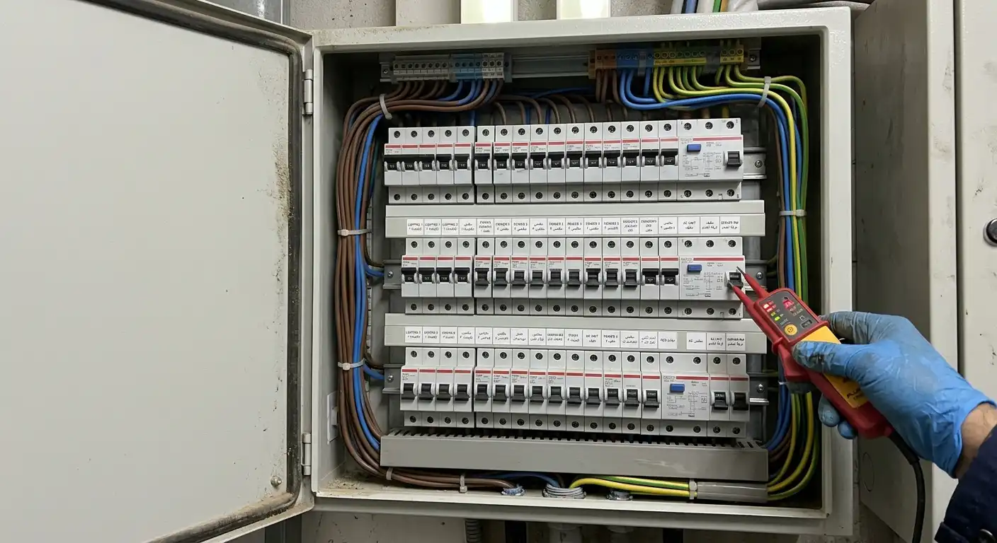 Electrician testing an open electrical distribution board
