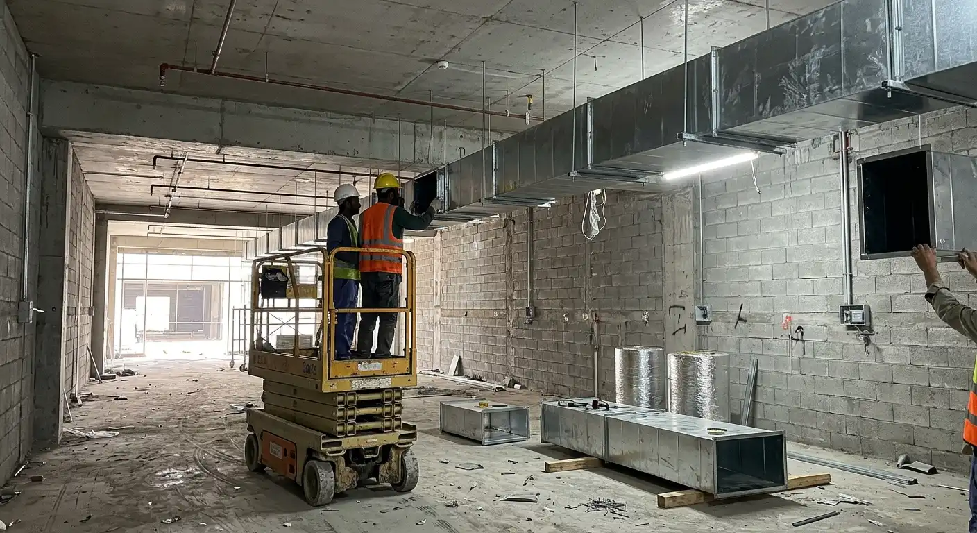 Galvanized air ducts being installed in a commercial space