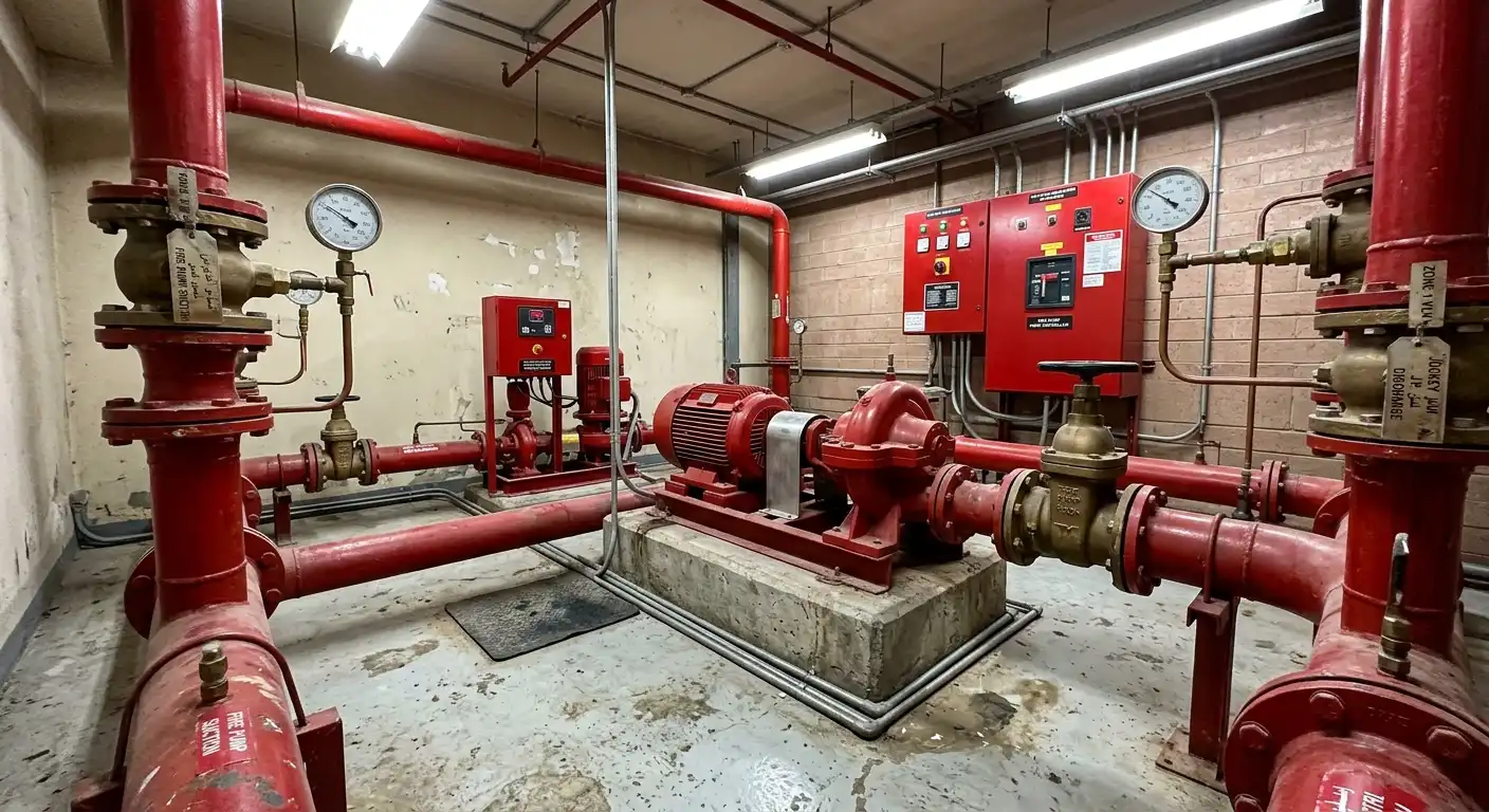 Fire pump room with red pipes and control panel