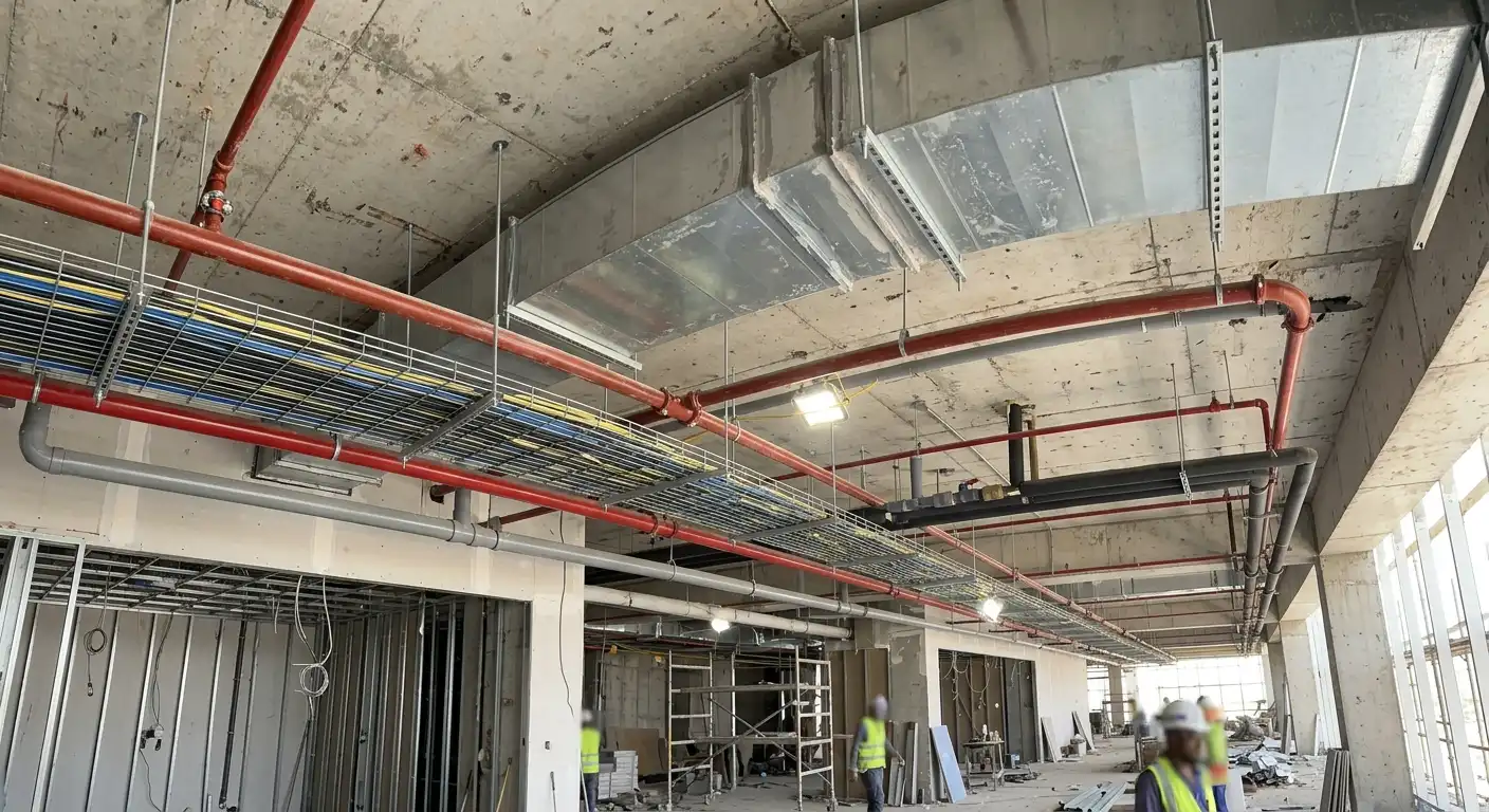 Exposed ducts, cable trays and sprinkler pipes in a Riyadh building under construction