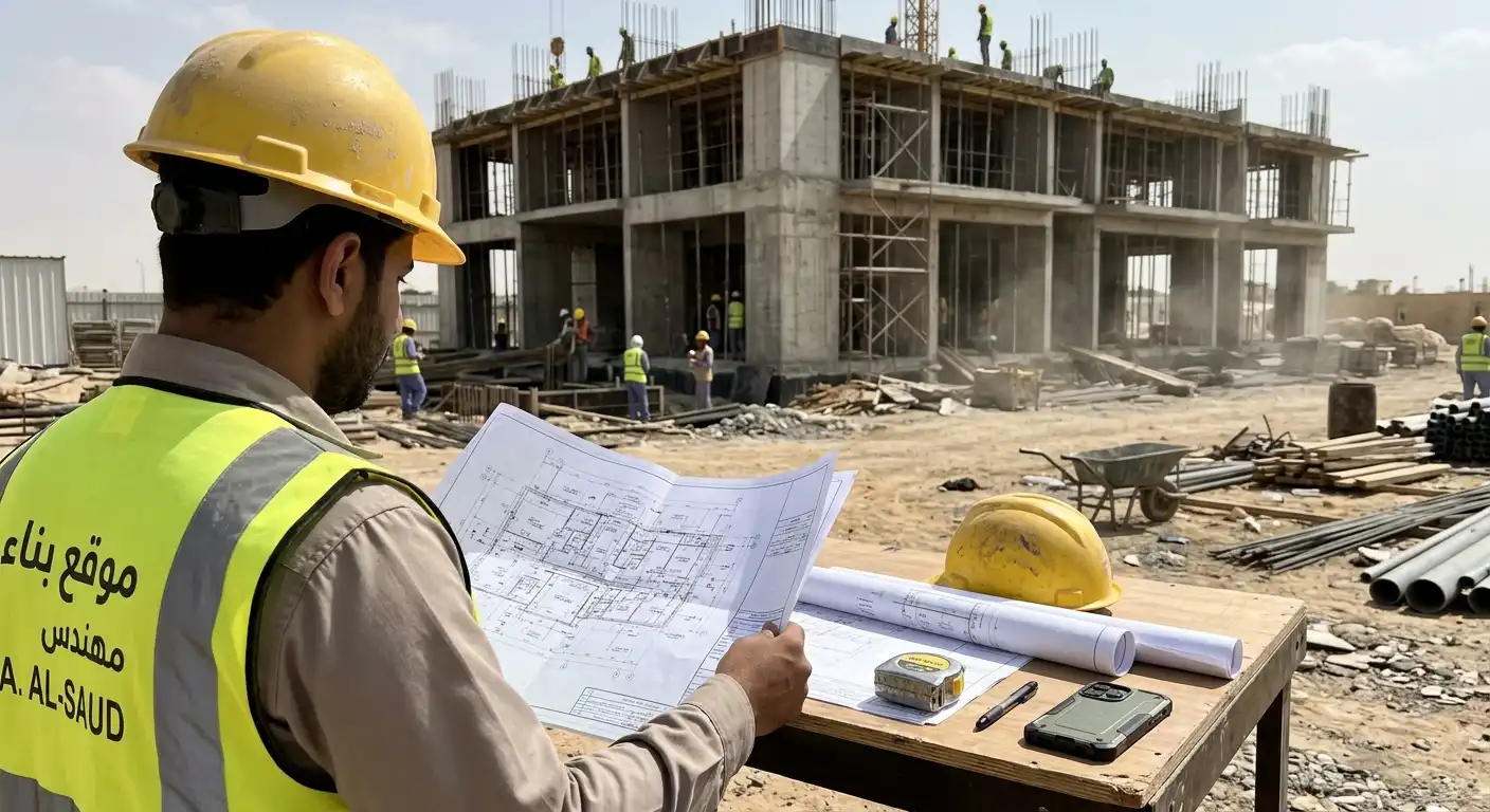Engineer reviewing MEP drawings at a construction site