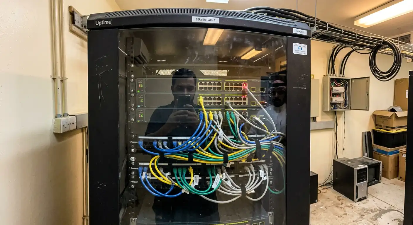 Network rack with patch cables in a server room